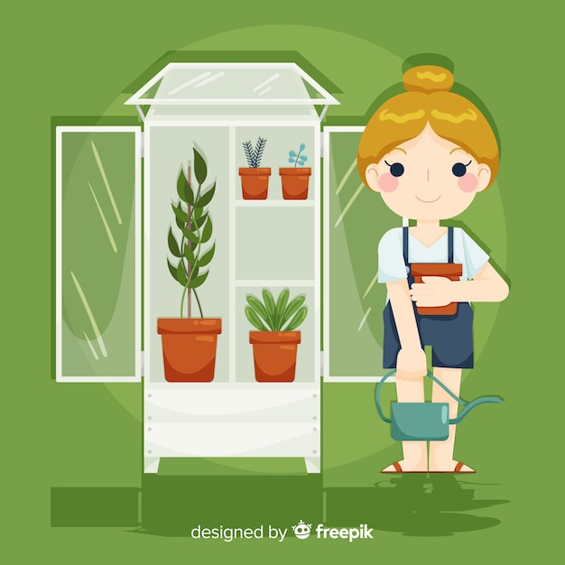 Free Vector girl taking care of plants