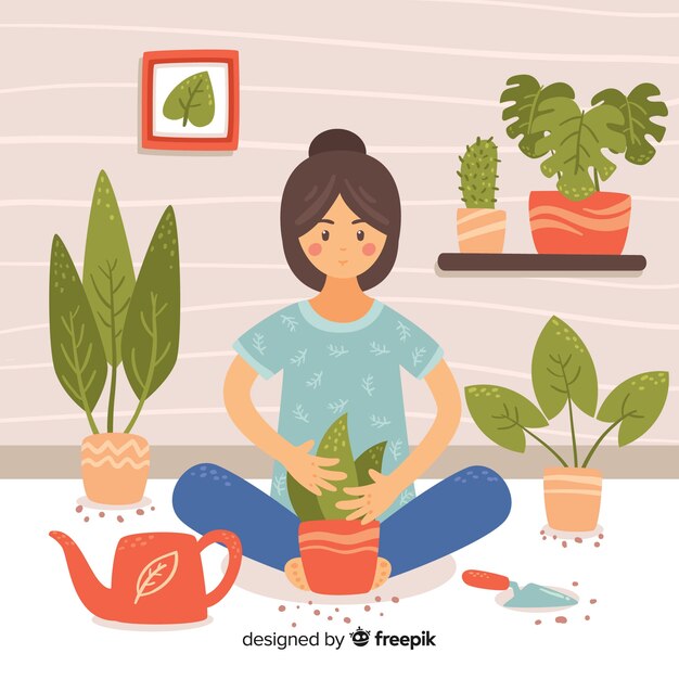 Girl taking care of plants