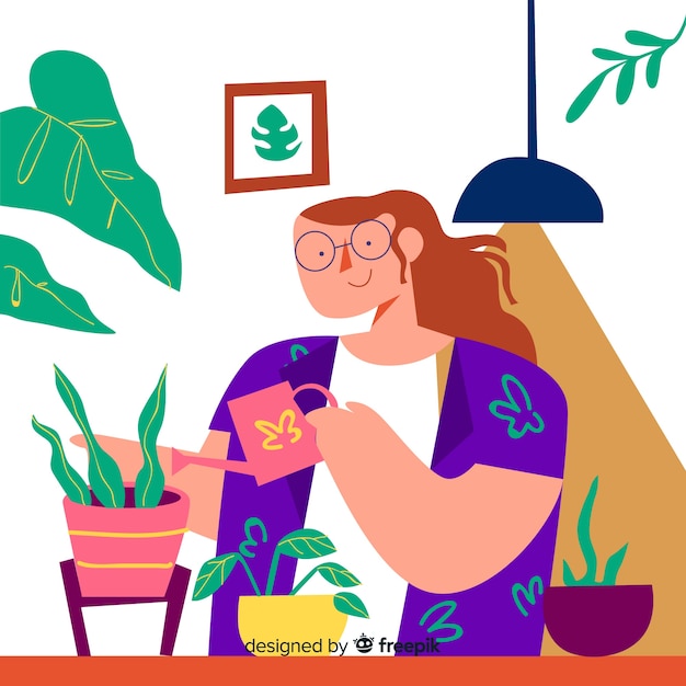 Girl taking care of plants