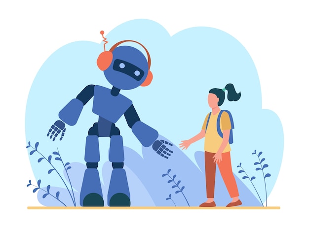 Girl talking to robot. Humanoid, cyborg, machine flat illustration.