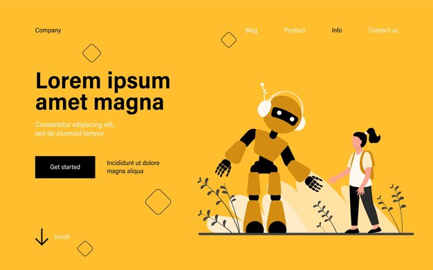 Girl talking to robot landing page in flat style