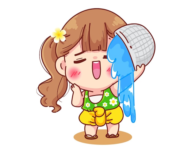 Girl in Thai dresses splashing water Songkran festival sign of Thailand cartoon illustration cartoon illustration