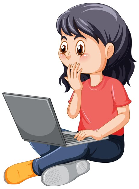 A girl using laptop cartoon