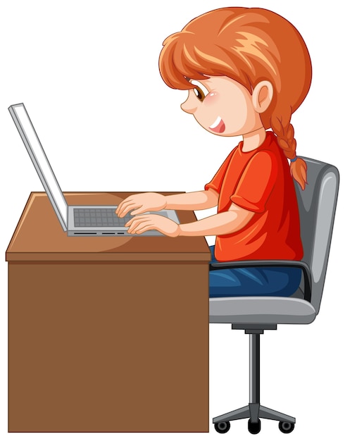 A girl using laptop cartoon