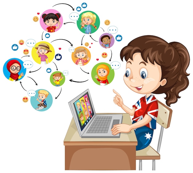 A girl using laptop for communicate video conference with friends on white background