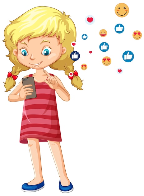 Free Vector girl using smartphone with social media emoji icon cartoon style isolated on white background