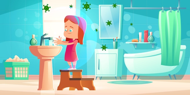 Girl wash hands in bathroom with flying bacterias