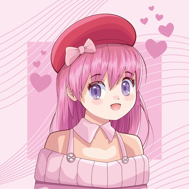 Free vector girl wearing beret anime character poster