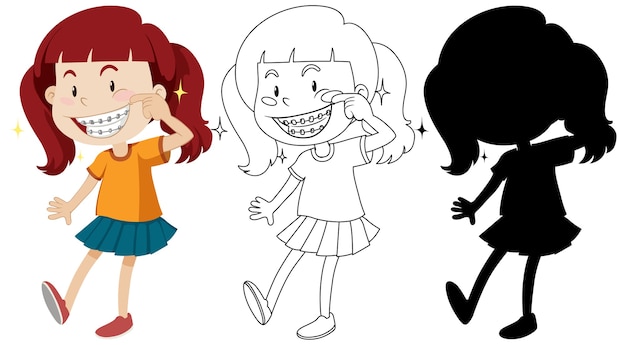 Girl wearing braces with its outline and silhouette