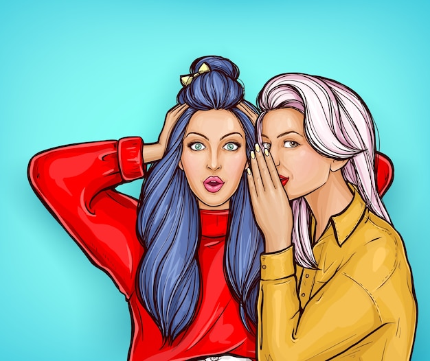 Girl whispering gossip or secret to her friend in pop art style