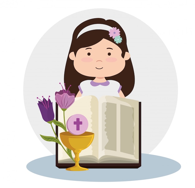 Girl with bible and chalice to first communion