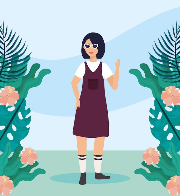 Free Vector girl with blouse and dress casual clothes