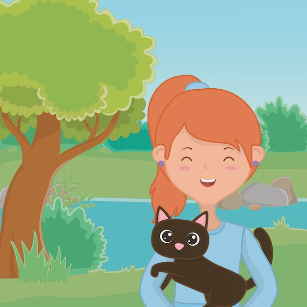 Free Vector girl with cat cartoon design