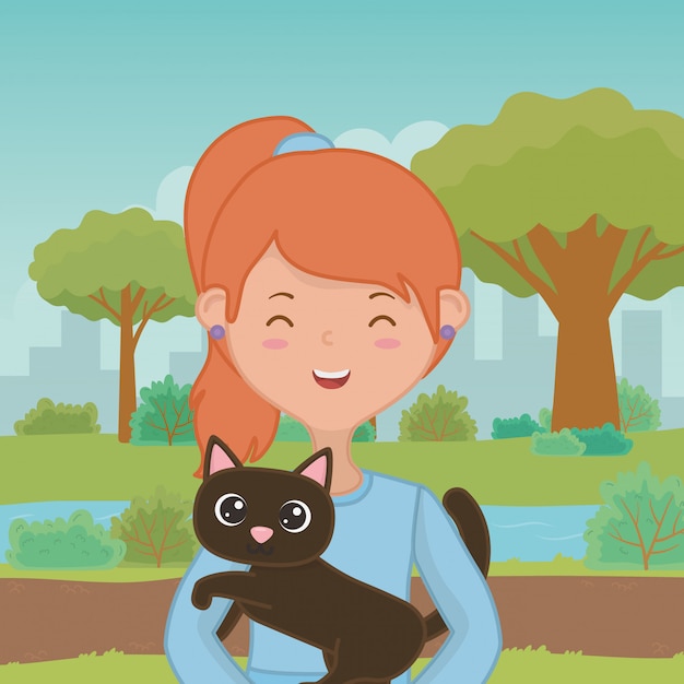 Free Vector girl with cat cartoon design