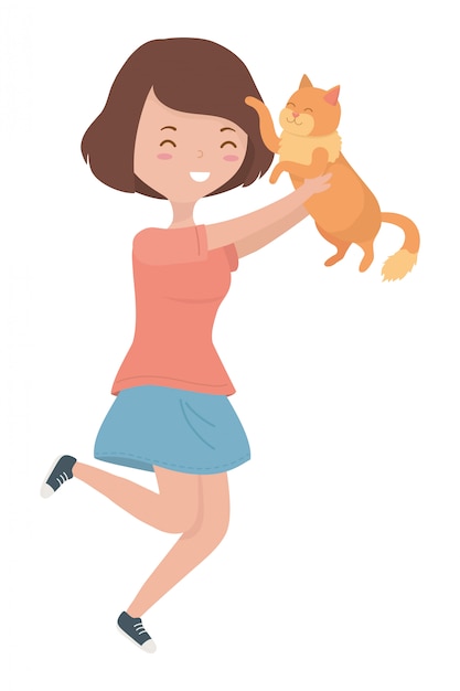 Free Vector girl with cat cartoon 