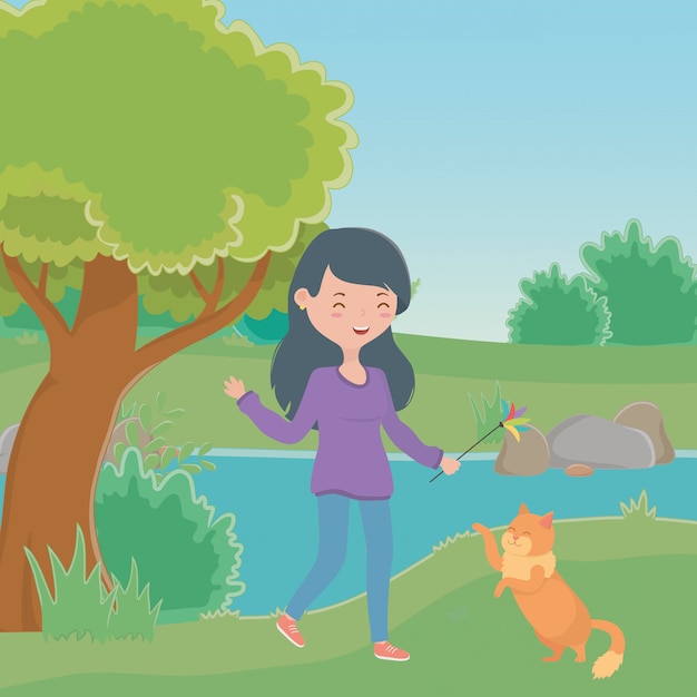 Free Vector girl with cat cartoon 