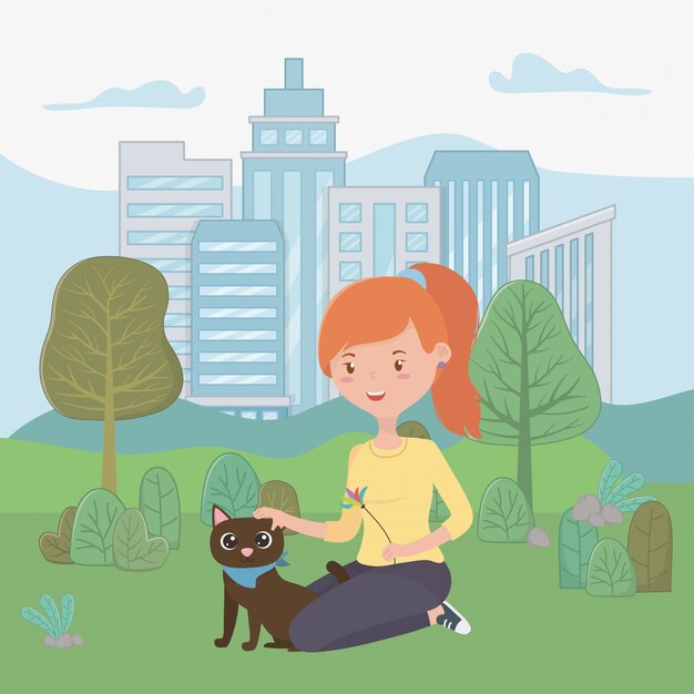 Girl with cat of cartoon 