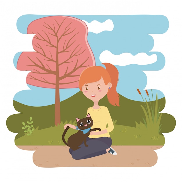 Free Vector girl with cat of cartoon 