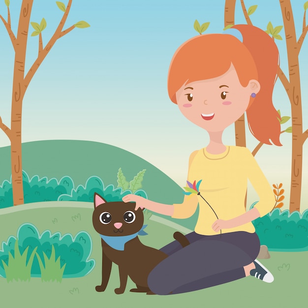 Girl with cat of cartoon 