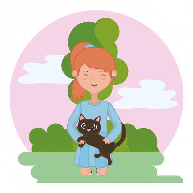 Free Vector girl with cat of cartoon 