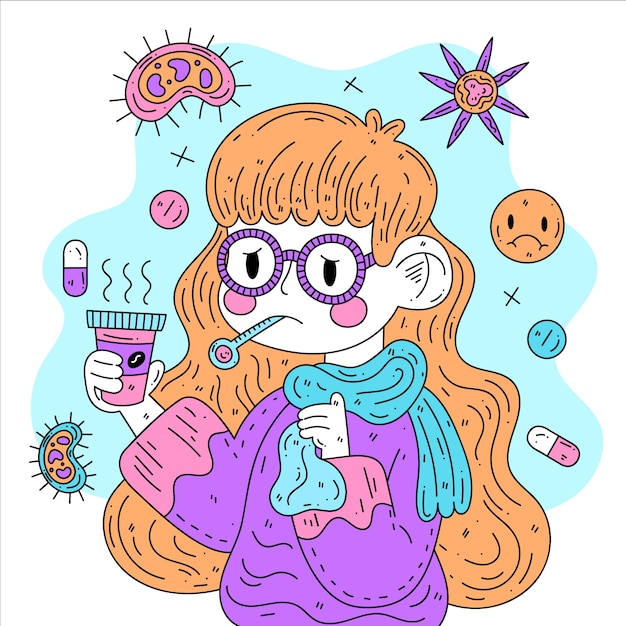 A girl with a cold illustrated