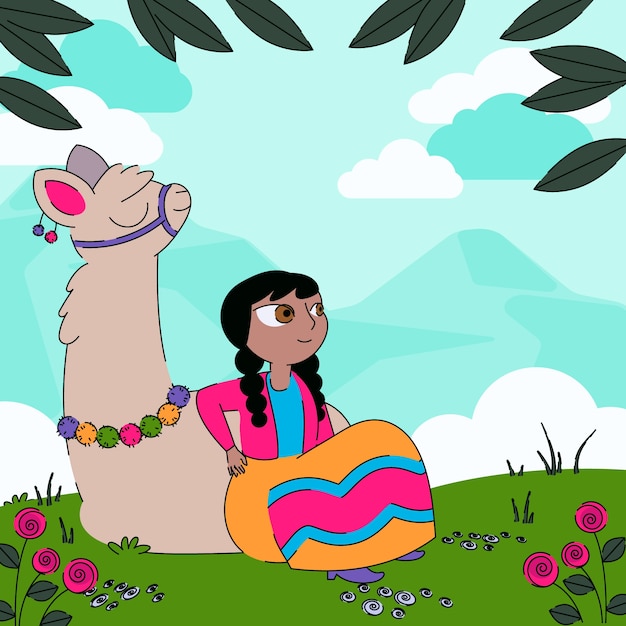 Free vector girl with cute llama on meadow illustration