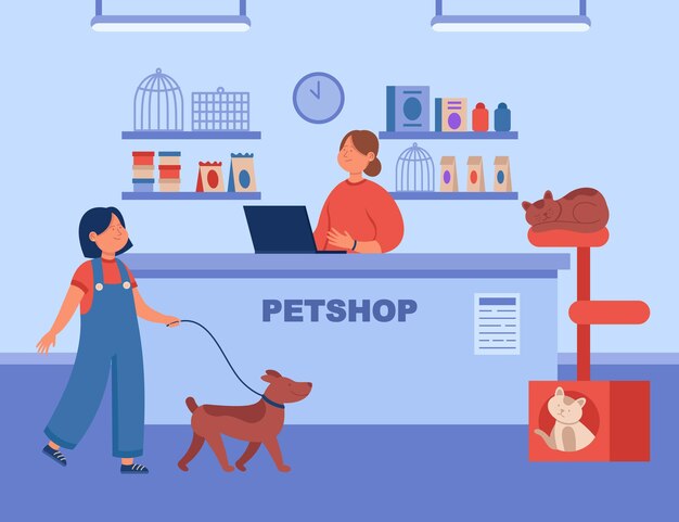 Girl with dog on leash coming up to female seller at petshop. Pet store interior with different food and accessories on shelves, cute cats flat illustration