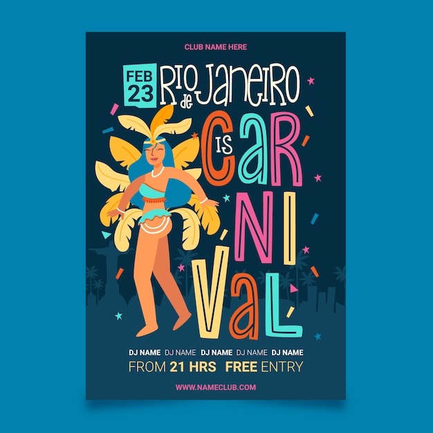 Girl with feathers hand drawn brazilian carnival party poster