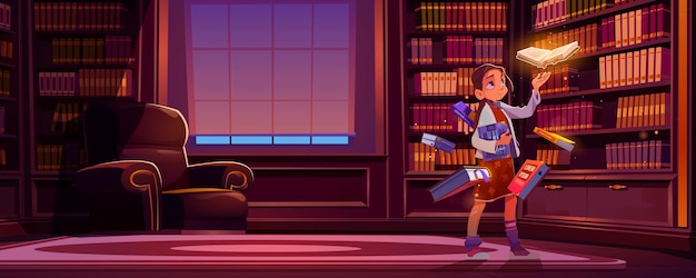 Free Vector girl with flying books with magic glow in library