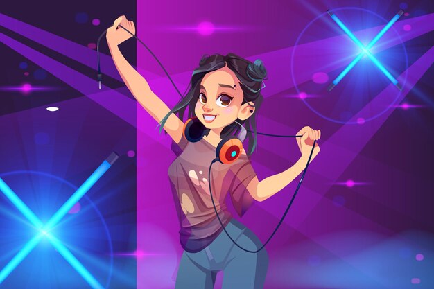 Girl with headphones on dance floor. Dj woman in modern clothes and trendy hairstyle move body in night club interior with glowing lamps. Young sexy disc jockey teenager, Cartoon vector illustration