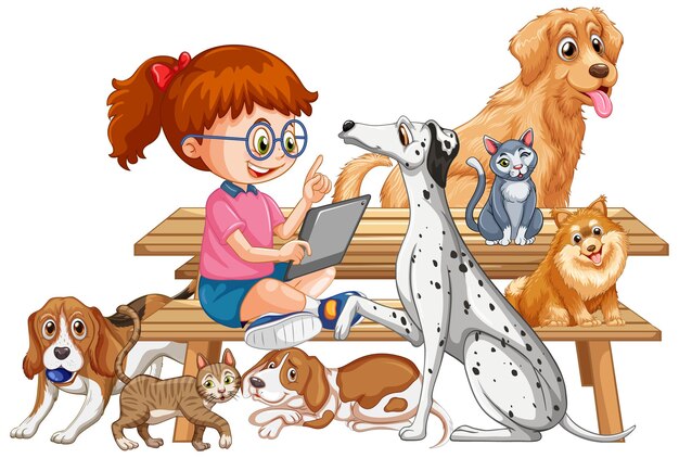 A girl with her cute dogs in cartoon style