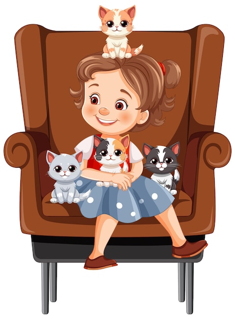 Free Vector girl with kittens on cozy armchair