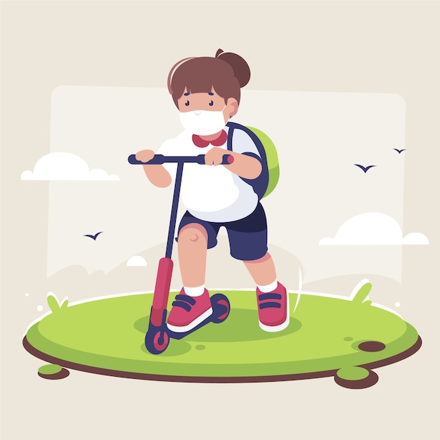 Free Vector girl with medical mask on scooter