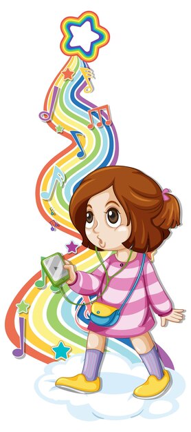 Girl with melody symbols on rainbow wave