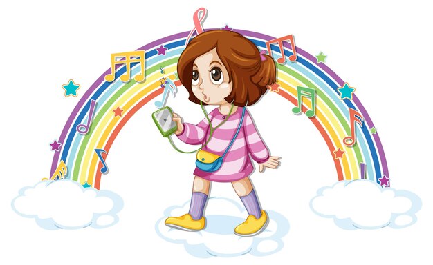 Girl with melody symbols on rainbow