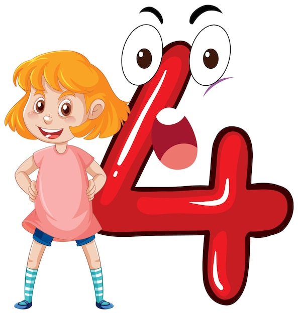 Free Vector a girl with number four cartoon