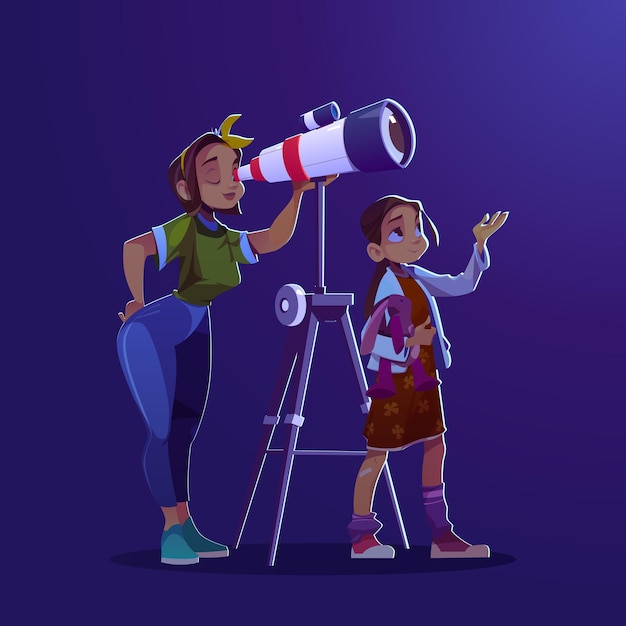 Girl and woman looking through telescope concept of astronomy education cosmos exploration and disco...