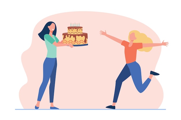 Girlfriends celebrating birthday. Cheerful girl getting huge cake with candles. Cartoon illustration