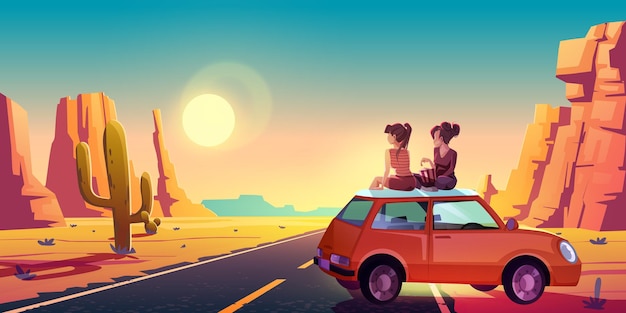 Free Vector girlfriends sit on car roof admire beautiful sunset or sunrise picturesque view in desert with asphalt road going into the distance through rocks and cacti, friends travel, cartoon vector illustration