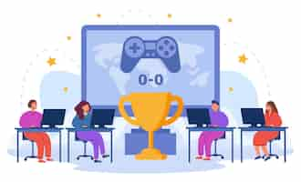 Free vector girls and boys competing in esports for the cup using pc. winning cup in gaming championship flat illustration