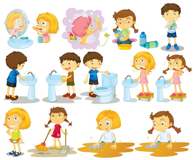 Free Vector girls and boys doing chores illustration