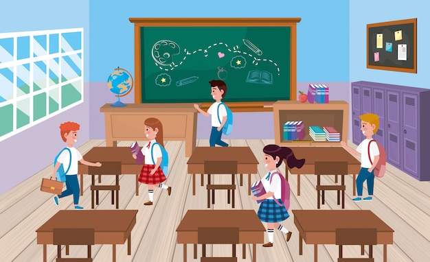 Free Vector girls and boys students in the classroom with blackboard