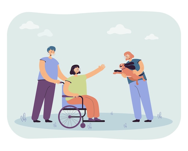 Girls bringing puppy to woman in wheelchair. Flat illustration