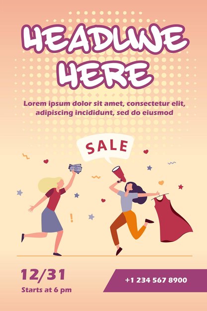 Girls celebrating sale in fashion store flyer template