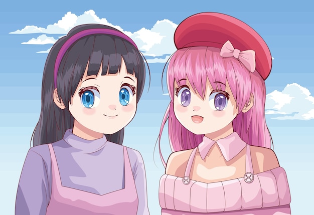 Free vector girls couple anime style