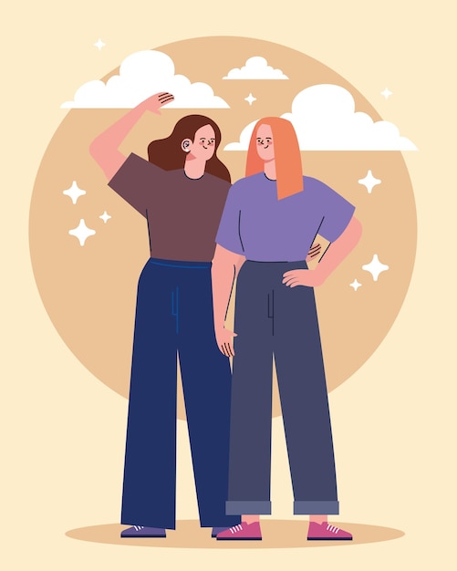 Free Vector girls couple friends with clouds