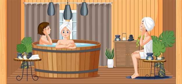 Free Vector girls enjoying hot tub in steam room