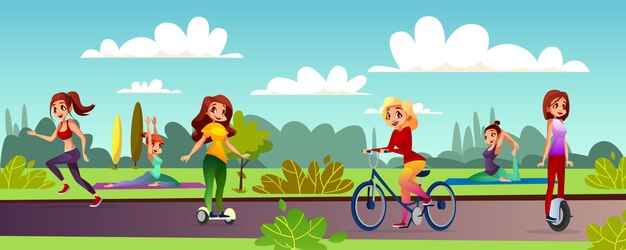 Girls leisure illustration of young women recreation in outdoor park. 