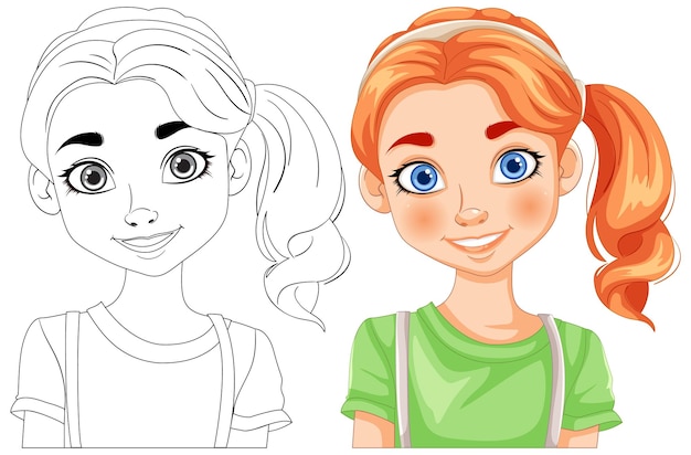 Free Vector girls portrait before and after coloring