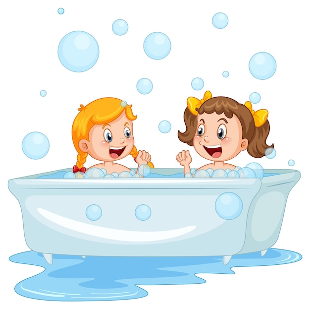 Girls taking a bath on white background